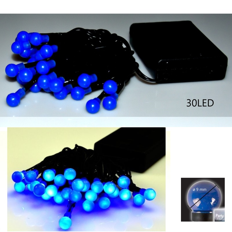 Řetěz na baterie 30 LED modré koule plast  9mm délka 3,2 m přívod 0,3 m