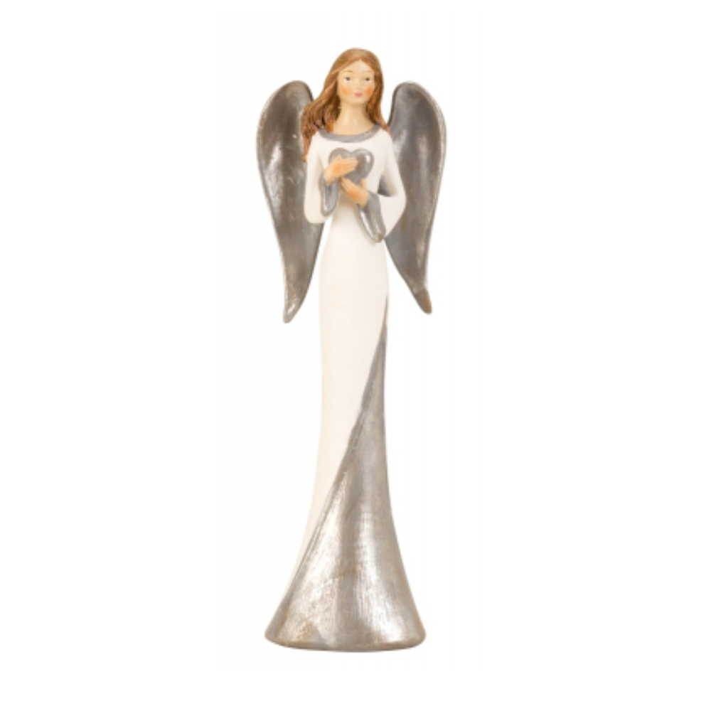 Andělíček se srdíčkem bílé stříbrný 26 cm tmavší varianta