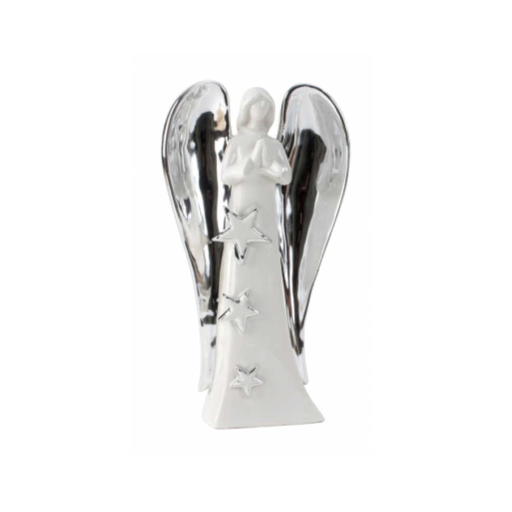 Anděl z porcelánu modlící se stříbrnými křídly 22 x 12,5 cm